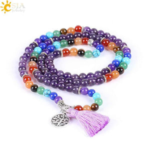 Reiki 7 Chakra Natural Purple Quartz Yoga Bracelet with Tree of Life and Tassel - More Natural Healing